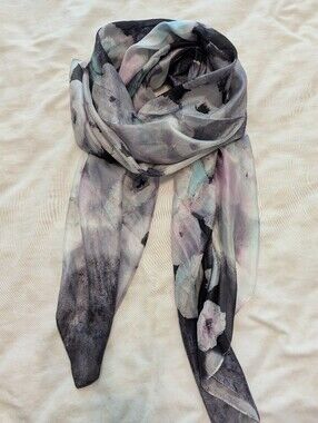 New 100% Silk Large Size Black White Watercolor Lightweight Scarf